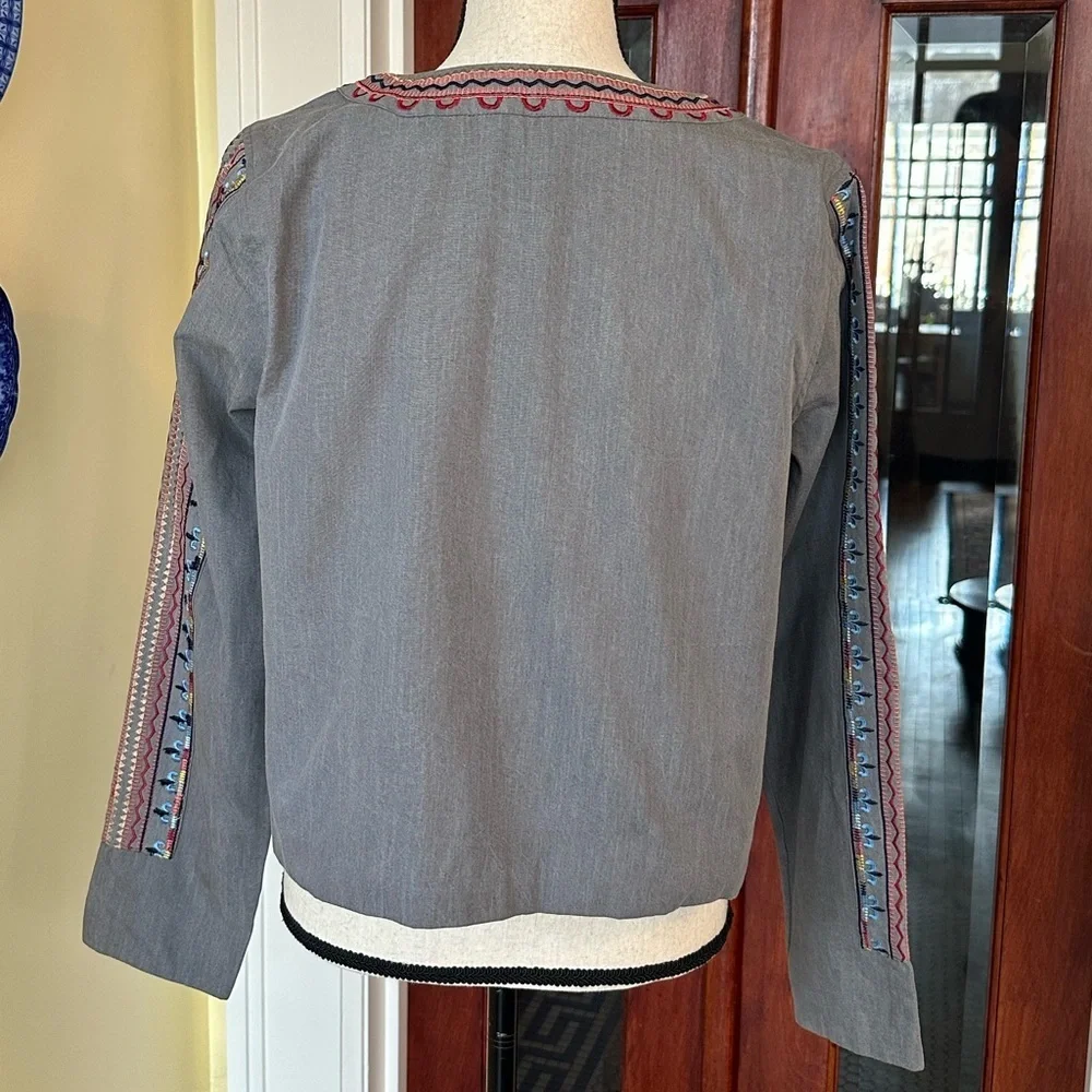 Laurie Felt | Gray Cotton Boho-Chic Embroidered Jacket, Size S